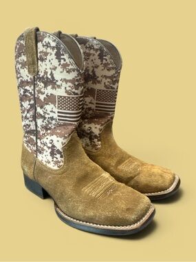 ARAT Big Kids Size 3 Camo American Flag Western Cowboy Boots Tan Rodeo Festival